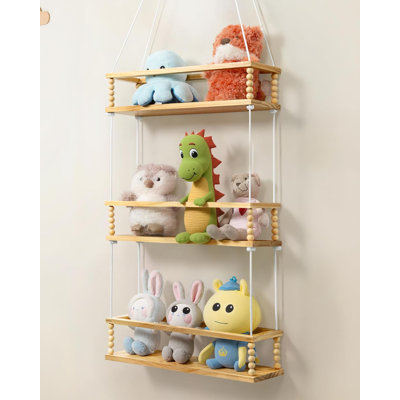 Stuffed Animal Storage Kids 3 Tier Hanging Solid Wood Shelves Baskets Creative Zoo Toys Hold Organizer Glow in The Dark for Nursery Playroom Bedroom W by Wrought Studio