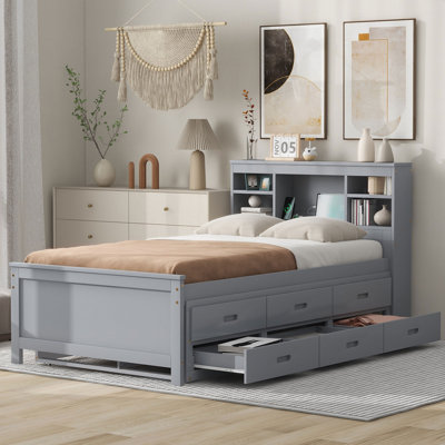 Size Platform Bed With Storage Headboard, USB, Size Trundle And 3 Drawers, Gray by Wildon Home
