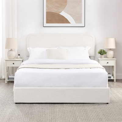 Liv Patented 2-Drawers Storage Bed Queen Size Ivory Boucle Upholstered Platform Bed, Curved Stitched Tufted Headboard, Wooden Slat Mattress Support, N by Trule