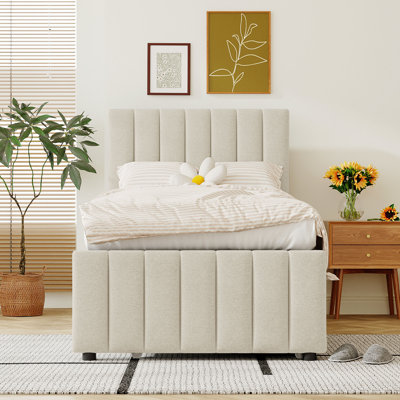 Upholstered Platform Bed With Trundle And 3 Drawers, Linen Fabric, by Trule