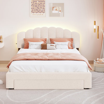 Teddy Fleece Queen Size Upholstered Platform Bed With Drawer, Beige by Trule
