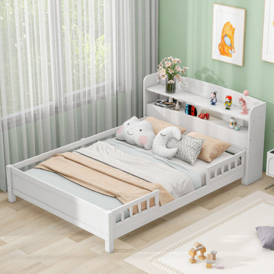 Wood Full Size Platform Bed With Built-In LED Light, Storage Headboard And Guardrail by Trule