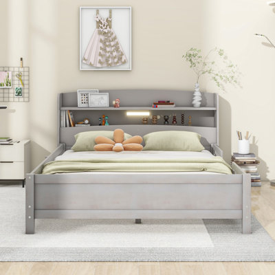 Wood Full Size Platform Bed With Built-In LED Light, Storage Headboard And Guardrail by Trule