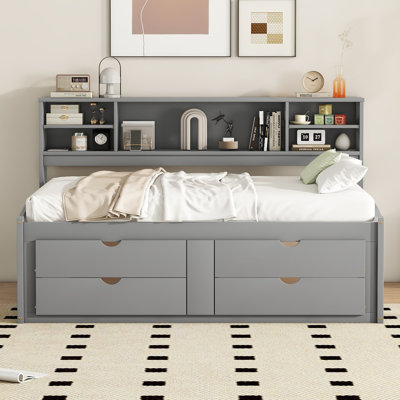 Full Size Wood Daybed With 2 Bedside Cabinets, Upper Shelves And 4 Drawers by Grovelane