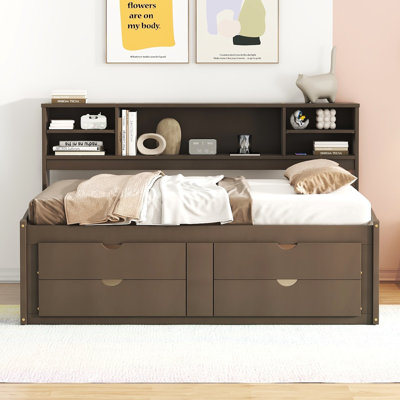 Full Size Wood Daybed With 2 Bedside Cabinets, Upper Shelves And 4 Drawers by Grovelane