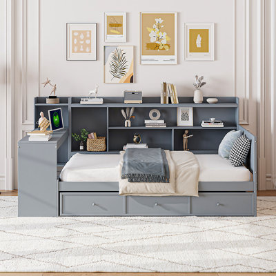 Twin Size Wooden Daybed With 3 Drawers, USB Ports And Desk , Gray by Grovelane