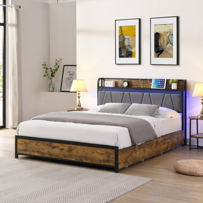Bed Frame, Storage Headboard With Charging Station And 4 Storage Drawers,LED Lights , Brown And And Gray by Trule