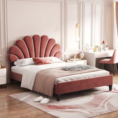 Upholstered Platform Bed With Flower Pattern Velvet Headboard, by Grovelane