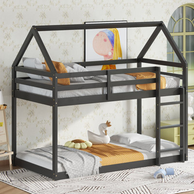 Twin Over Twin Rubber Wood Floor Bunk Bed, With Ladder,Guardrails,House-Shaped-Bunk Bed, by Harper Orchard