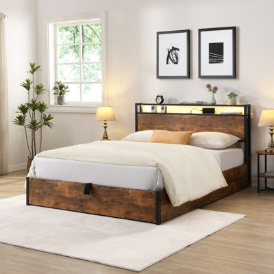 Lift-Up Storage Bed Frame, Bed Frame With Bookcase Headboard LED Lights, Wooden Platform Bed Frame With Charging Station, No Spring Box Needed, Rust by Trule