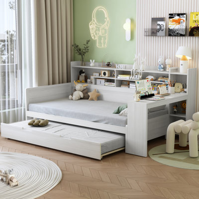 Wooden Daybed With Storage Shelves, Multi-Functional Bed With Trundle Bed And Study Desk, by Grovelane