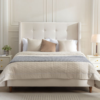 Peyton Upholstered Queen Bed / 54" High Headboard / Traditional Hand Buttoned Tufting / Nailhead Trim Wingback / No Box Spring Needed / Easy Assembly by Grovelane