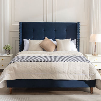 Peyton Upholstered Queen Bed / 54" High Headboard / Traditional Hand Buttoned Tufting / Nailhead Trim Wingback / No Box Spring Needed / Easy Assembly by Grovelane
