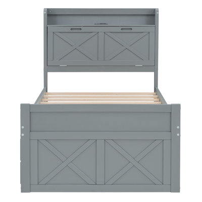 Wooden Bed With Storage Headboard With Outlets, Extendable Bed With Twin Size Trundle With Three Storage Drawers, by Grovelane