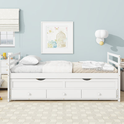 Twin Size Bed With Headboard, Footboard, Trundle And Three Storage Drawers, Twin Size Pine Wood Bed With Headboard, Footboard by Grovelane