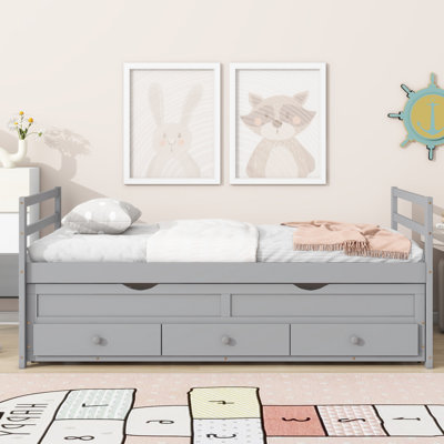 Twin Size Bed With Headboard, Footboard, Trundle And Three Storage Drawers, Twin Size Pine Wood Bed With Headboard, Footboard by Grovelane