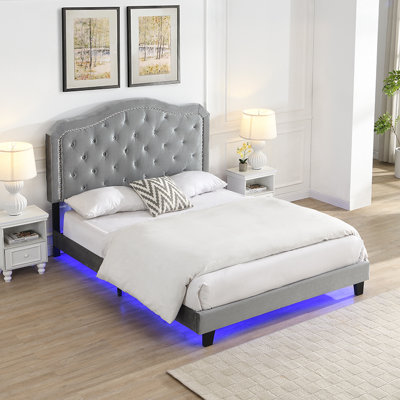 Upholstered Bed Button Tufted With Curve Design - Strong Wood Slat Support - Easy Assembly - Velvet - With LED Light-Platform Bed - Queen by Trule