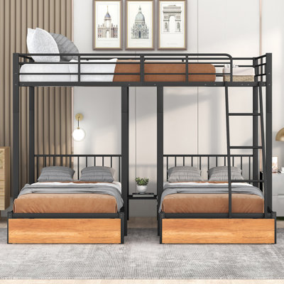 Full Over Twin & Twin Bunk Bed, Metal Triple Bunk Bed With Drawers And Guardrails, by Mason & Marbles