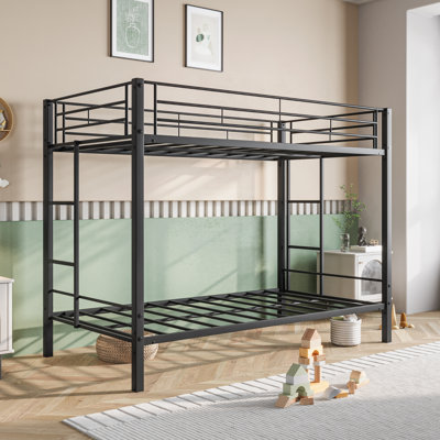 Metal Bunk Bed Twin Over Twin, Heavy Duty Twin Bunk Beds With Shelf And Slatted Support No Box Spring Needed Black by Isabelle & Max