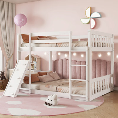 Twin Over Twin Floor Bunk Bed, Playhouse Floor Bunk Bed With Climbing Ramp, Ladder, Safety Guardrails by Harriet Bee