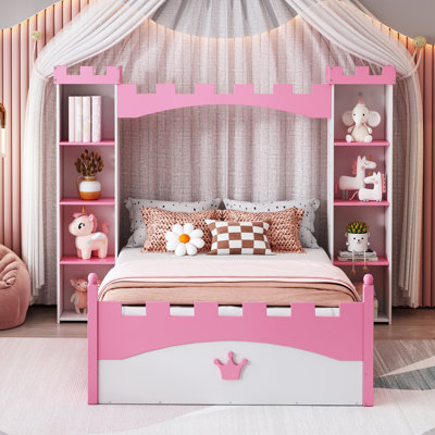 Castle-Shaped Wooden Bed With Storage Shelf, Dreamy Size Platform Bed For Kids Bedroom, by Canora Grey