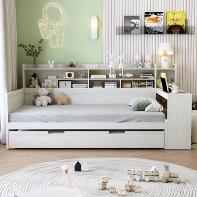 Wooden Size Daybed With Storage Shelves, Multi-Functional Bed With Size Trundle Bed And Study Desk, by Red Barrel Studio