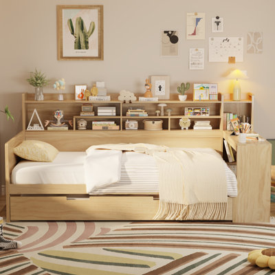 Wooden Size Daybed With Storage Shelves, Multi-Functional Bed With Size Trundle Bed And Study Desk, by Red Barrel Studio
