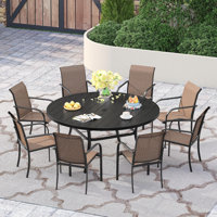 60" Patio dining set with Metal Round Dining Table and Stackable Armrest Dining Chairs by Red Barrel Studio