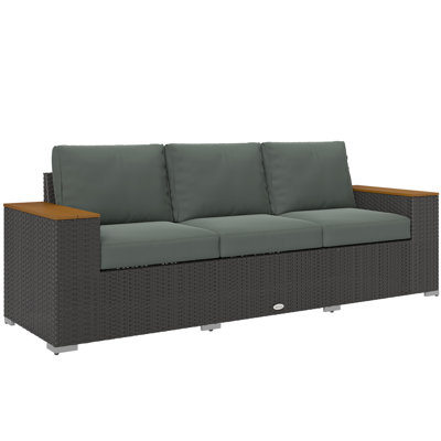 3-Seat Outdoor Patio Sofa with Cushions, PE Rattan Wicker Sofa with Wood Grain Wide Armrests, Outdoor Wicker Couch for Porch, Garden, Sunroom, Poolsid by Ebern Designs