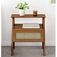 Modern Solid Wood Side Table with Rattan Drawer – 2-Tier Nightstand with Open Storage Shelf by Bay Isle Home