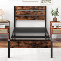 Twin Bed Frame With Tall Industrial Headboard Heavy-duty Metal Slats Support Brown by 17 Stories