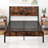Twin Bed Frame With Tall Industrial Headboard Heavy-duty Metal Slats Support Brown by 17 Stories