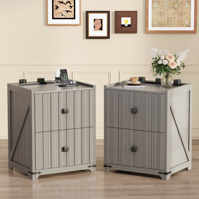 2pcs Night Stand Set 2 With Slidable Charging Station,bedside Table With 2 Drawers,farmhouse End Table And Nightstand,small Side Table For Bedroom,liv by Gracie Oaks