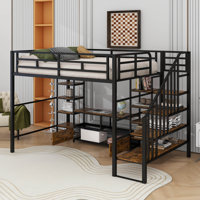 Full Metal Loft Bed With Staircase,Table And Storage Shelves by Harriet Bee
