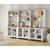 Scarlett Bookcase With Doors Set Of 3, 5 Tier Bookshelf, Tall Book Case Shelf With Glass Storage Cabinets, Large Wood Bookcases Farmhouse Bookshelves