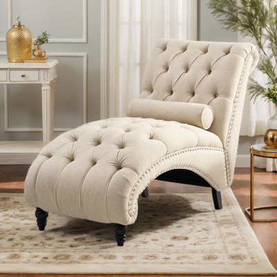 Button-tufted Chaise Lounge Chair, Sofa Chaise Chair Indoor With Nailhead Trim, Support Pillow And Wood Legs, Leisure Sofa Recliner For Bedroom Living by Charlton Home