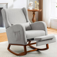Modern Nursery Rocking Chair with Footrest, Upholstered Accent Armchair with Solid Wood Base