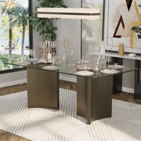 78 Inch Glass Dining Table With Tempered Glass Top And Bronze Double Triangle Stainless Steel Base by Brayden Studio