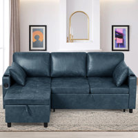 84" Reversible Sectional Pull-Out Sofa Bed With Adjustable Backrest,Suede Leather Modern L-Shape Sofa With Storage Chaise, 3-Seat Convertible Couch Wi by Ebern Designs
