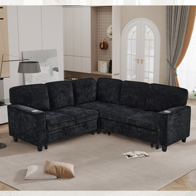 81" L-Shaped Upholstered Chenille Pull Out Sofa Bed Sectional with Underseat Storage & USB Ports by Latitude Run