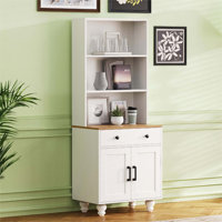 Farmhouse Storage Cabinet with 4 Solid Wood Gourd-Shaped Legs, Modern Kitchen Pantry Cabinet with Adjustable Shelves, 5 Tier Bookshelf with Drawer for