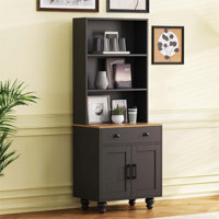 Farmhouse Storage Cabinet with 4 Solid Wood Gourd-Shaped Legs, Modern Kitchen Pantry Cabinet with Adjustable Shelves, 5 Tier Bookshelf with Drawer for