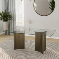 70 Inch Bronze Dining Table With Clear Tempered Glass Top And Double Triangle Stainless Steel Base by Brayden Studio