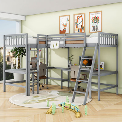 Twin & Twin Wood L-Shaped Loft Bed With 2 Built-In Desks by Harriet Bee