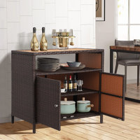 Outdoor Wicker Storage Cabinet Bar, Patio BBQ Sideboard Buffet Cabinets 2-Door Waterproof with Sturdy Wood Top, Rattan Outside Storage Bar Cabinet wit by Latitude Run
