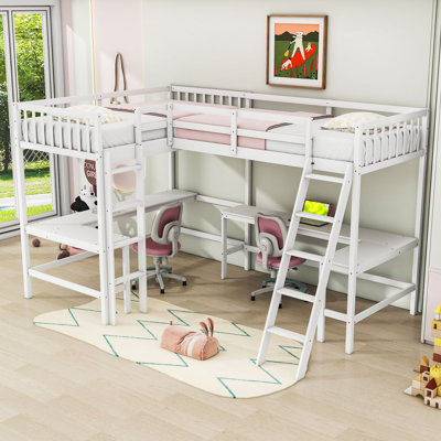 Twin And Twin L-Shaped Loft Bed With Ladder And 2 Built-In L-Shaped Desks by Harriet Bee