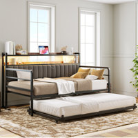 Daybed With Pull Out Trundle, 2-tier Storage Shelves And Upholstered Headboard, Day Bed With Led Lights And Charging Station, Metal Platform Bed Frame by 17 Stories