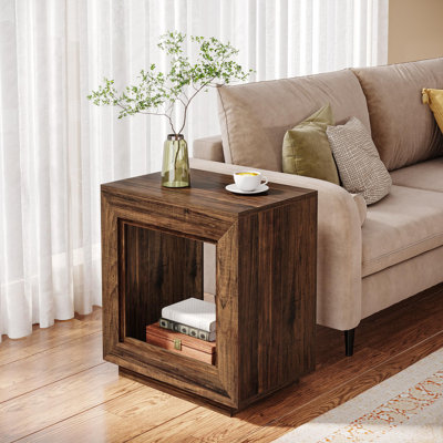 Rustic Wood End Table, 2 Tiered Square Side Table With Storage Shelf, Industrial Sofa Side Table For Living Room, Entrance by Loon Peak