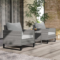 3 Pieces Patio Furniture Set, Wicker Conversation Bistro Set with 4 Soft Cushions, Rattan Chairs and Glass Coffee Table for Backyard, Porch, Poolside by Ebern Designs