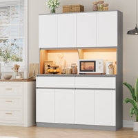 75" Large Wood Kitchen Pantry With Microwave Shelf And Led Lights by Latitude Run